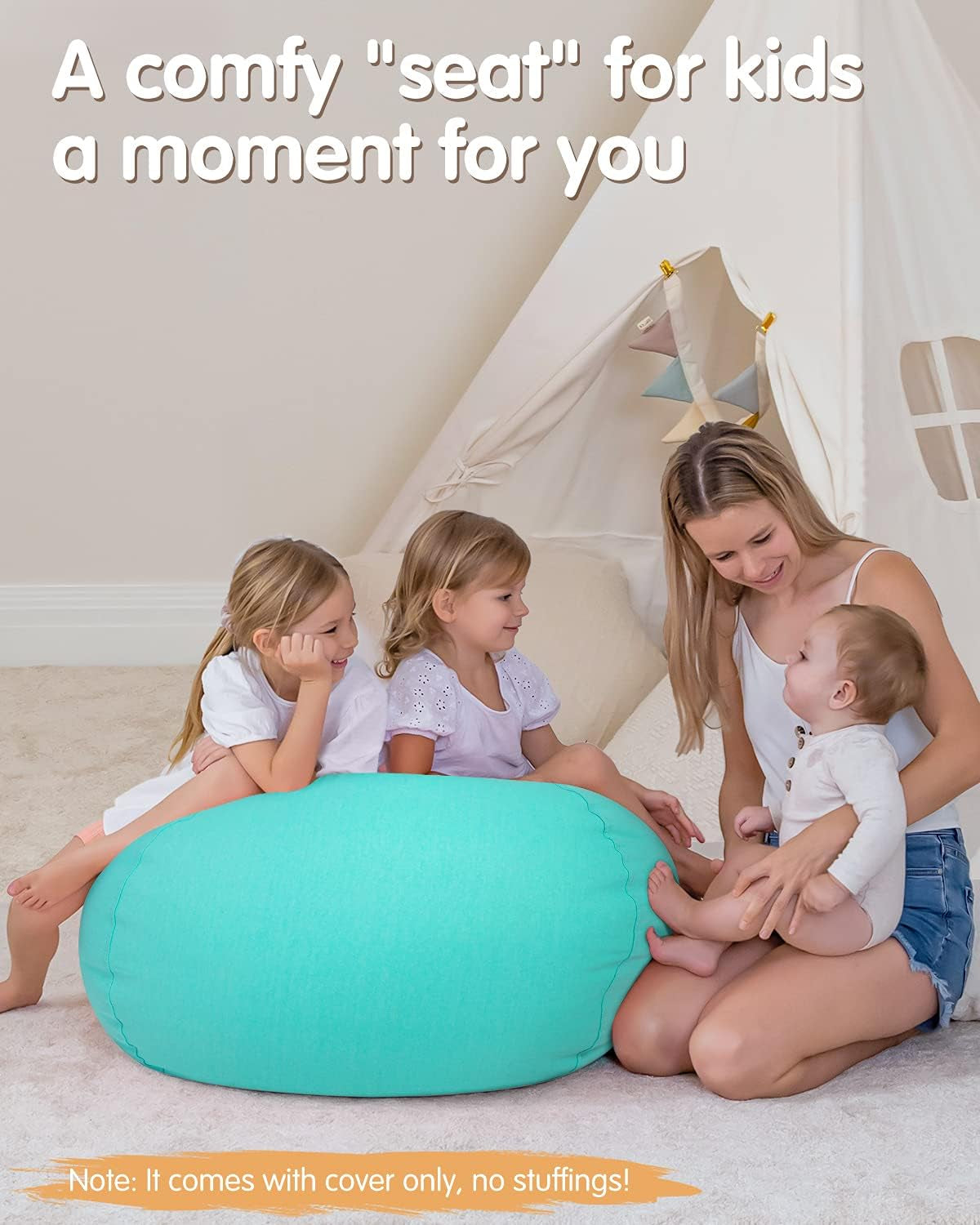 Stuffed Animal Bean Bag Storage Chair, Beanbag Covers Only for Organizing Plush Toys, Turns into Bean Bag Seat for Kids When Filled, X-Large 48"-Canvas Solid Aqua