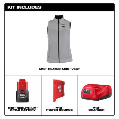 Women'S Medium M12 12-Volt Lithium-Ion Cordless Axis Gray Heated Vest Kit with (1) 2.0 Ah Battery and Charger