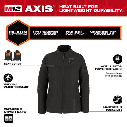 Women'S X-Large M12 12V Lithium-Ion Cordless AXIS Black Heated Jacket Kit with (1) 3.0 Ah Battery and Charger