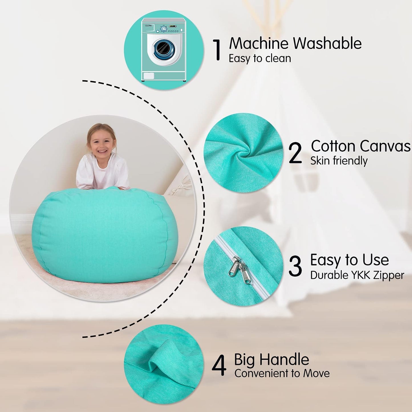 Stuffed Animal Bean Bag Storage Chair, Beanbag Covers Only for Organizing Plush Toys, Turns into Bean Bag Seat for Kids When Filled, X-Large 48"-Canvas Solid Aqua