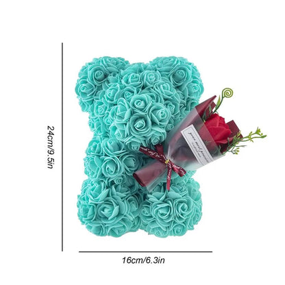 Rose Flower Bear 9.45In Cute Artificial Forever Flower Rose with Clear Box Handmade Romantic Decorative Valentines Day Bear Gift