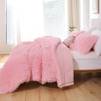 Fluffy Queen Comforter Set, Faux Fur Pink Comforter Set Queen Size, Luxury Fuzzy Bedding Set, Soft Shaggy Bed Set Pink for All Season, 3 Pieces - 1 Comforter & 2 Pillowcases