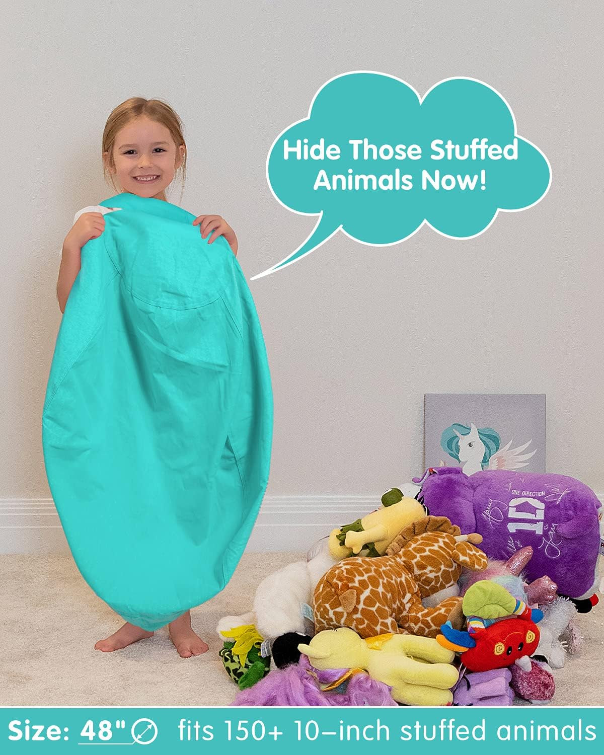 Stuffed Animal Bean Bag Storage Chair, Beanbag Covers Only for Organizing Plush Toys, Turns into Bean Bag Seat for Kids When Filled, X-Large 48"-Canvas Solid Aqua