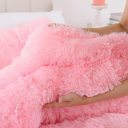 Fluffy Queen Comforter Set, Faux Fur Pink Comforter Set Queen Size, Luxury Fuzzy Bedding Set, Soft Shaggy Bed Set Pink for All Season, 3 Pieces - 1 Comforter & 2 Pillowcases