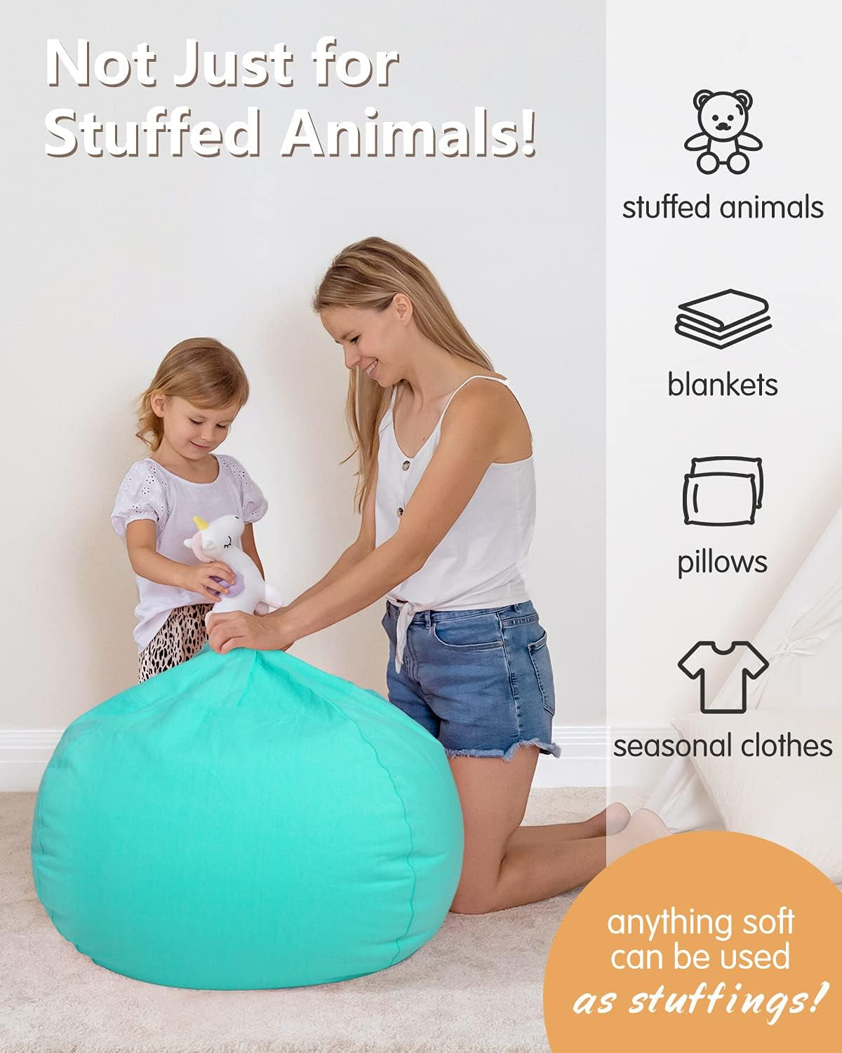 Stuffed Animal Bean Bag Storage Chair, Beanbag Covers Only for Organizing Plush Toys, Turns into Bean Bag Seat for Kids When Filled, X-Large 48"-Canvas Solid Aqua