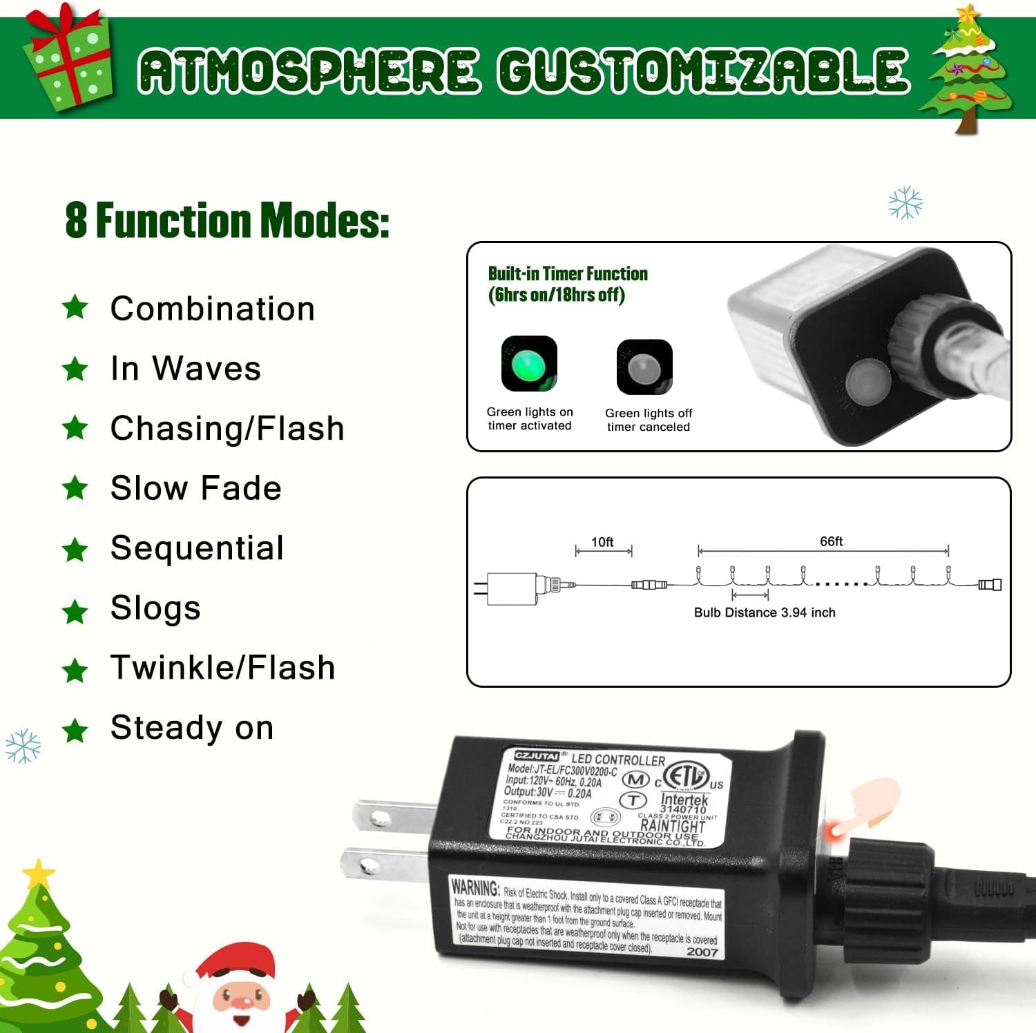 200 LED White Christmas Lights Outdoor, 66Ft Connectable Christmas Tree Lights Indoor Green Wire, 8 Modes Waterproof Twinkle String Lights Plug in for Wedding Party Xmas Decorations