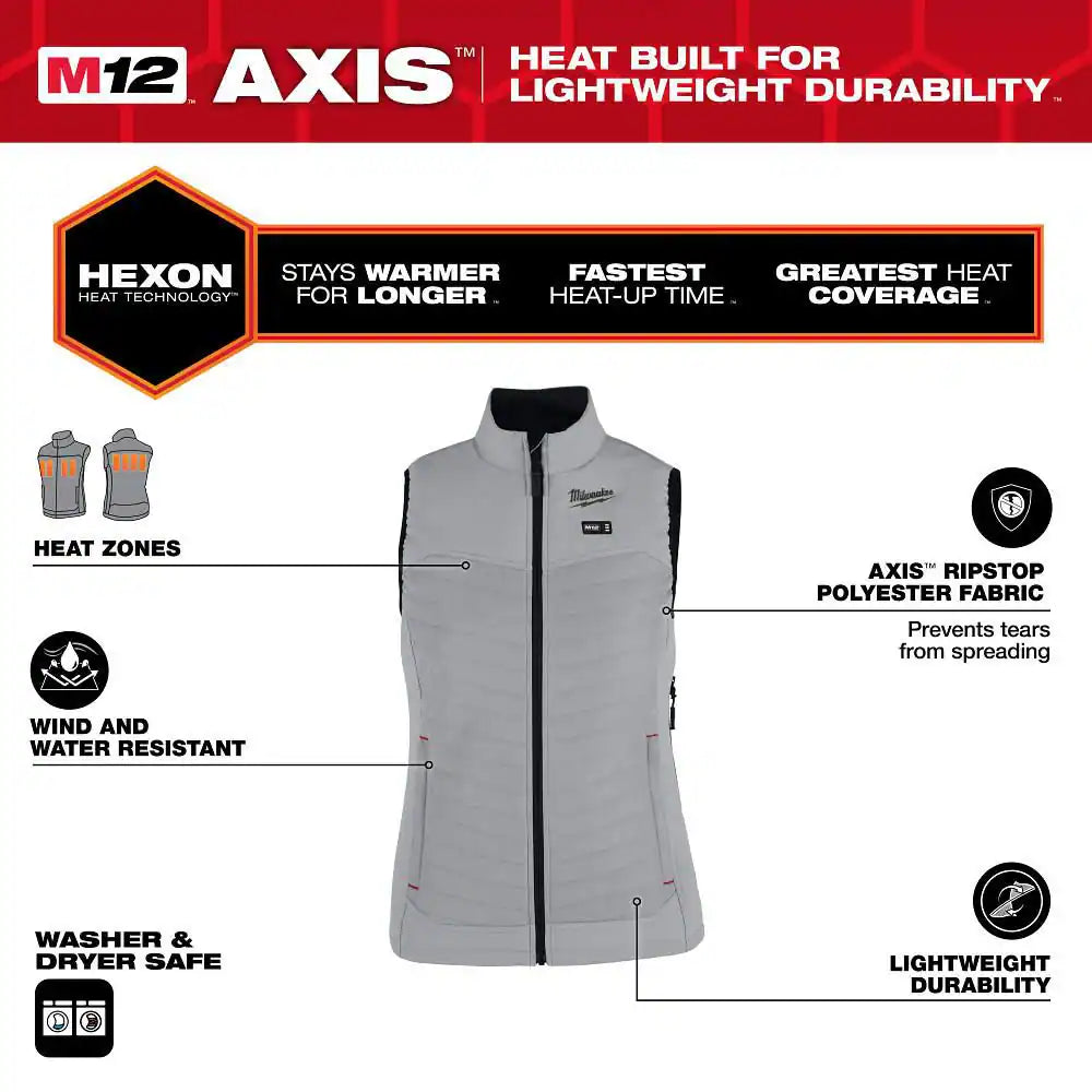 Women'S Medium M12 12-Volt Lithium-Ion Cordless Axis Gray Heated Vest Kit with (1) 2.0 Ah Battery and Charger